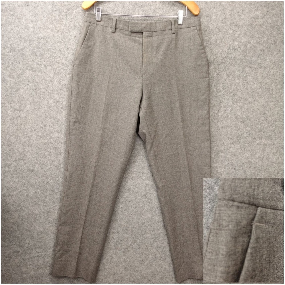 REISS Wool Dress Pants Mens 32 Gray Heathered Flat Front Trousers Career 33x31